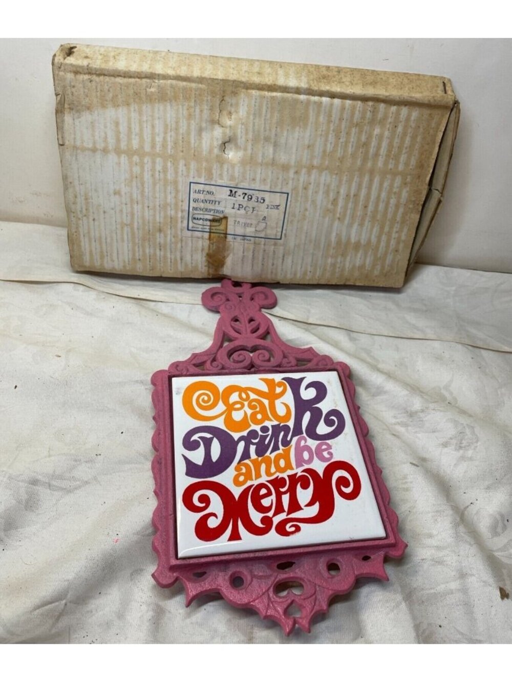 NAPCO Pink Cast Iron-Ceramic Tile Trivet Wall Hanging-Mid Century NOS Japan